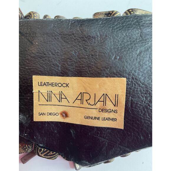 80s Nina Arjani Medium Leatherock Belt Artisan Black Gold Statement Belt Leather - Picture 7 of 8